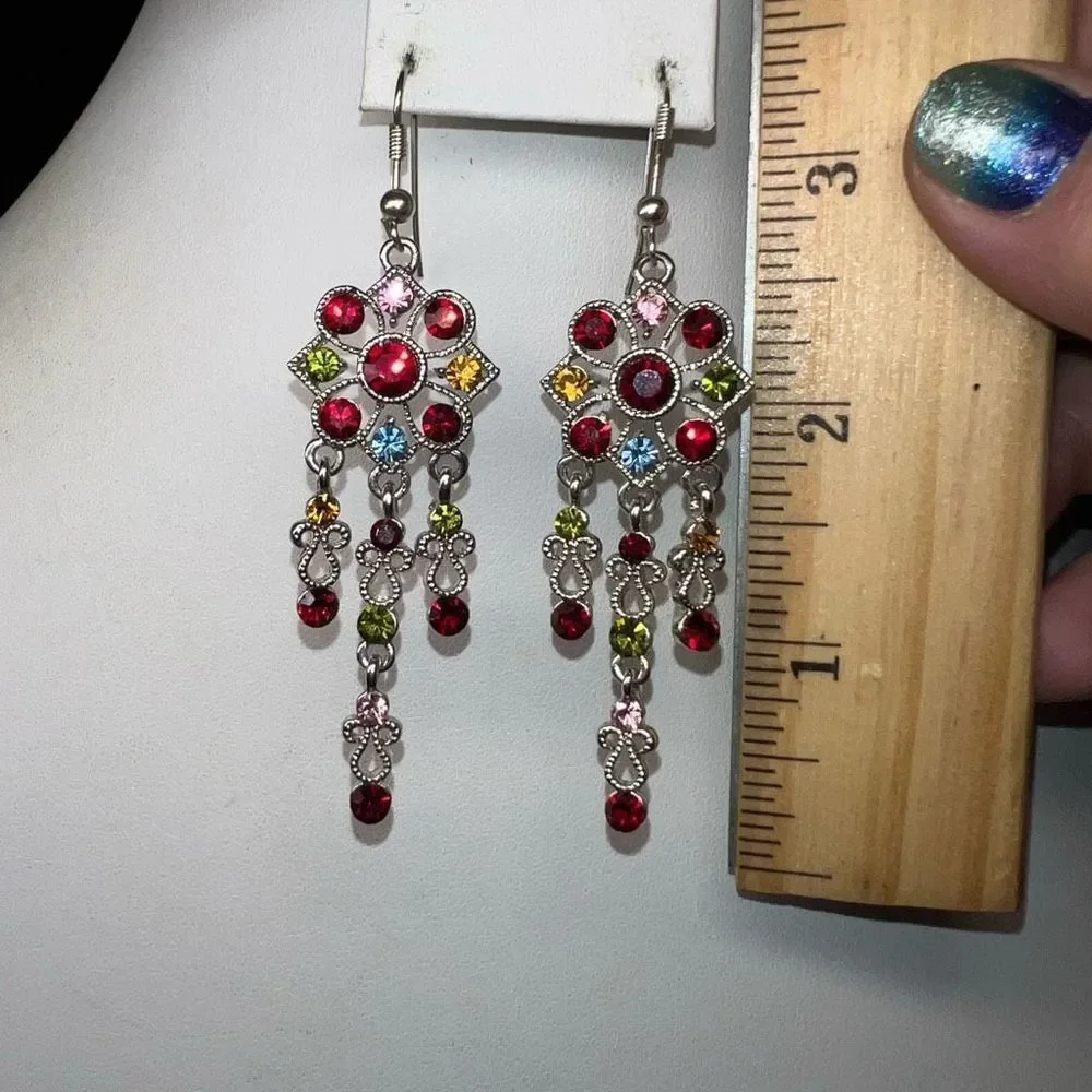 Silver Tone and Colorful Crystal Boho Chandelier Earrings - Picture 4 of 7